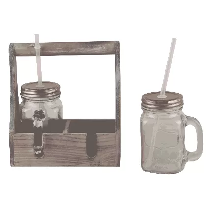 2er Set Glas 400ml mit Trinkhalmen in Holzbox mit Griff