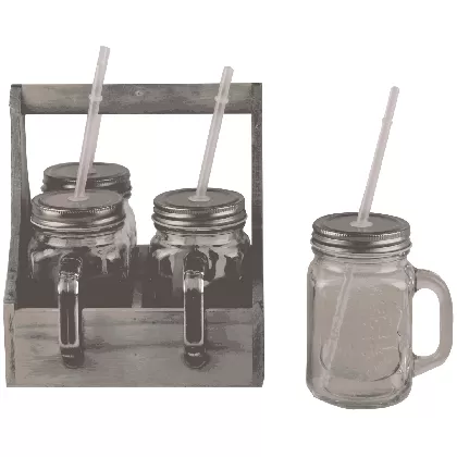 4er Set Glas 400ml mit Trinkhalmen in Holzbox mit Griff