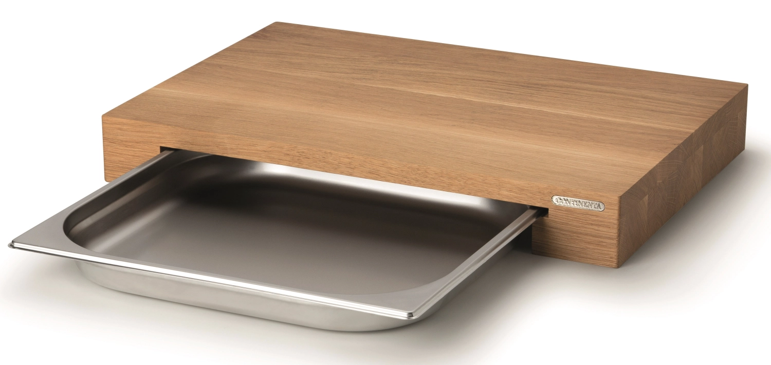 Eiche Schneidebrett m. Edelstahl Schublade, 48x32.5x6 cm