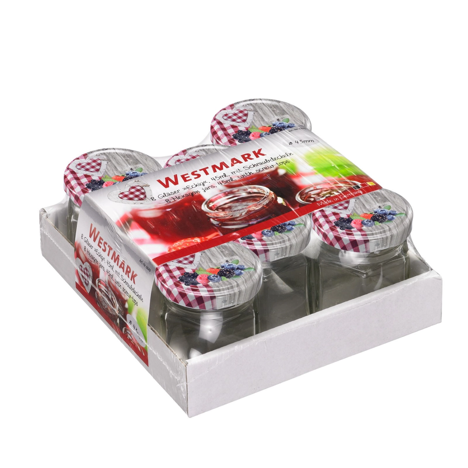 8er Set 45ml 6eck Gläser, m. Deckel weiss 43 mm