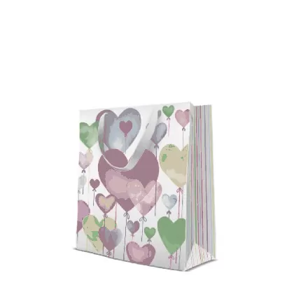 Geschenktüte weiss/bunt Herz-Luftballons 20x10x25cm